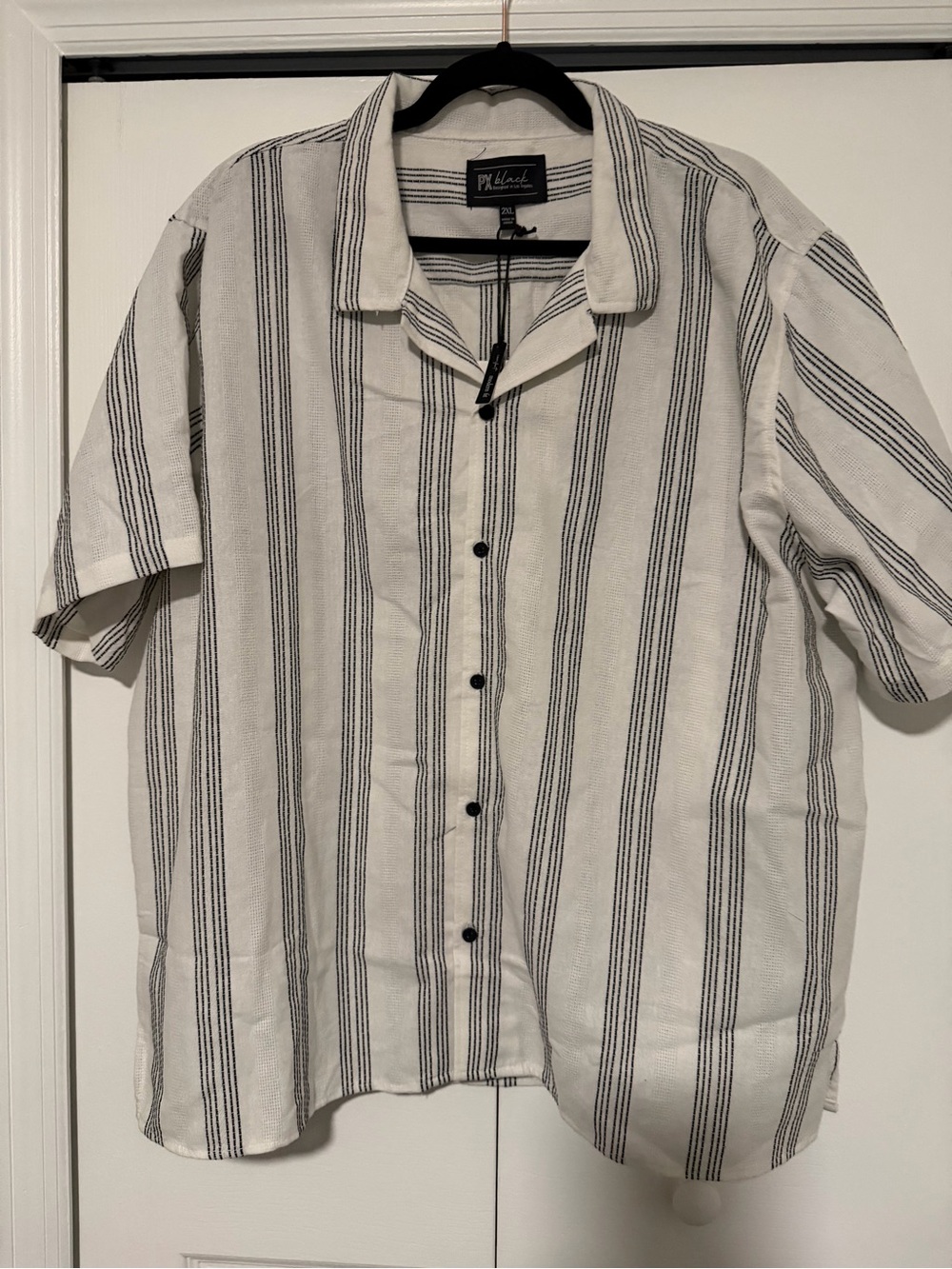 Black Vertical-Striped Short Sleeve Button-Down Shirt